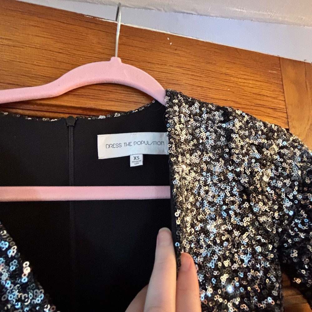 Dress The Population Sequin Long Sleeve Dress - Black Silver NYE - Picture 5 of 6